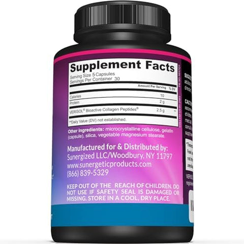 Sunergetic Premium Collagen Peptides Capsules " 2500 Mg Of Verisol Collagen Peptides Type 1 & Type 3 " Multi Collagen Supplement To Support Joint Health Hair Skin & Nails " 150 Collagen Capsules