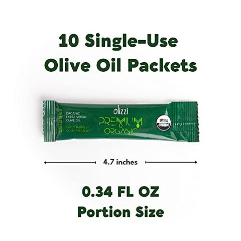 Olive Oil Packets - Olizzi Premium Organic Extra Virgin, New Harvest, Award Winning, Early Harvest, Cold Pressed, USDA Organic Certified, Single Serve, Mini, Salad Dressing To Go, Individual, Travel Size, 10 Single Use Packs (0.34 Fl Oz / Unit)