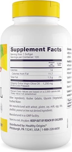 Healthy Origins Extra Virgin Olive Oil 1,250 mg (Made with Organic Extra Virgin Olive Oil, Non-GMO, Gluten Free, Cardiovascular Support), 120 Softgels
