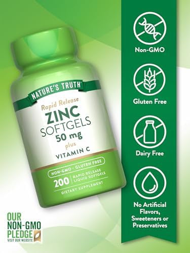Nature'S Truth Zinc 50Mg With Vitamin C 200 Liquid Softgels Non-Gmo & Gluten Supplement