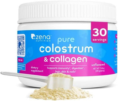 Zena Nutrition Pure Bovine Colostrum & Collagen Powder Supplement for Gut Health Immune Support Digestion Hair Skin & Nails Unflavored Gluten & Sugar Free 30 Servings
