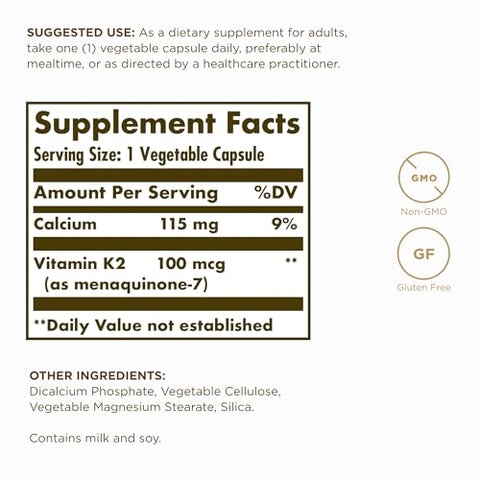 Solgar Naturally Sourced Vitamin K2 (Mk-7) 100 Mcg - 50 Vegetable Capsules Pack Of 2 - Supports Bone Health - Whole Food Source From Natto Extract - Non-Gmo Gluten Free 100 Total Servings