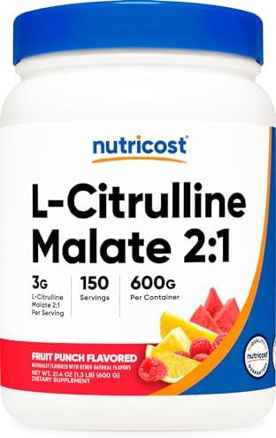 Nutricost Lcitrulline Malate 2:1 (600G) Fruit Punch Workout Support Muscle Performance Nitric Oxide Booster Fitness Supplement Powder 75 Servings
