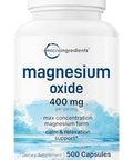 Micro Ingredients Magnesium Oxide 400Mg 500 Capsules Elemental Form For Max Concentration Supports Calm Muscle & Nerve Health Non-Gmo