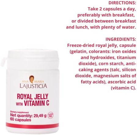 Ana Maria Lajusticia Royal Jelly With Vitamin C 60 Capsules Dairy And Gluten . Vegetarian Friendly. Perfect To Promote Vascular Health.