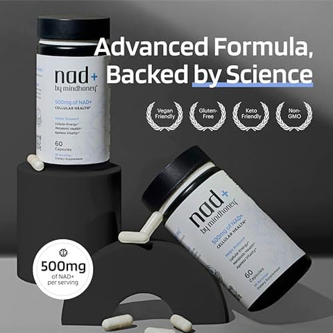 MINDHONEY NAD+ Brain Supplement 500mg NAD+ Premium Formula Healthy AntiAging Cellular Energy Cognition Metabolic Health Heart + Muscle Support Vegan NonGMO GlutenFree 30 Servings
