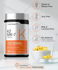 Horbaach Vitamin D3 K2 5000 iu 100mcg MK7 Complex 180 Softgel Capsules NonGMO and Gluten Free Supplement