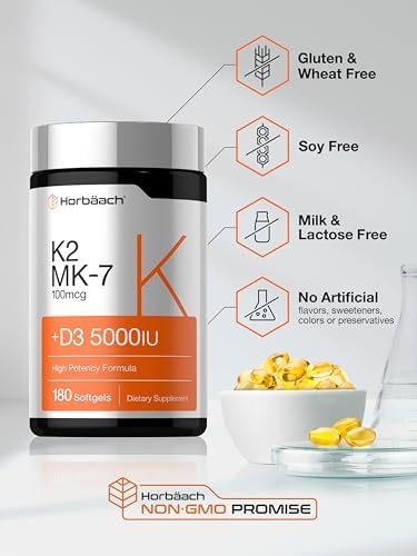 Horbaach Vitamin D3 K2 5000 iu 100mcg MK7 Complex 180 Softgel Capsules NonGMO and Gluten Free Supplement