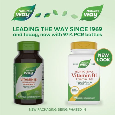 Nature'S Way Vitamin B1 High Potency 100 Mg Thiamin Per Serving Thiamin Hcl Supports Energy Metabolism Gluten Free 100 Capsules (Packaging May Vary)