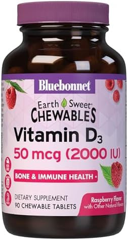 Bluebonnet Nutrition Earth Sweet Vitamin D3 2000 Iu Chewable Tablets Aids In Muscle And Skeletal Growth D3 Non Gmo Gluten Soy Milk Kosher 90 Chewable Tablets Raspberry Flavor
