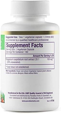 Paradise Herbs Resveratrol Antioxidant Super Potent Ultra Pure Vegan Non Gmo Gluten 180 Vegetarian Capsules