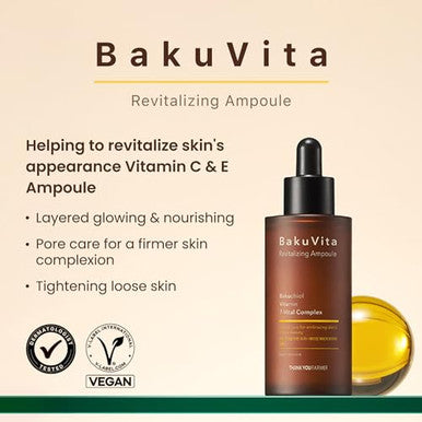 Thankyou Farmer Bakuvita Revitalizing Ampoule - Bakuchiol Retinol Alternative, Vitamin C + E Korean Serum, Pore Care, Firming, Vegan 1.75 Fl Oz (50Ml)