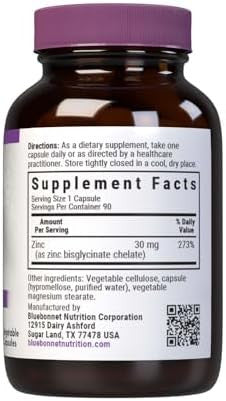 Bluebonnet Nutrition Albion Chelated Zinc, For Immune Health & Enzyme Function, Soy-Free, Gluten-Free, Non-Gmo, Kosher Certified, Dairy-Free, Vegan, 90 Vegetable Capsules, 90 Servings