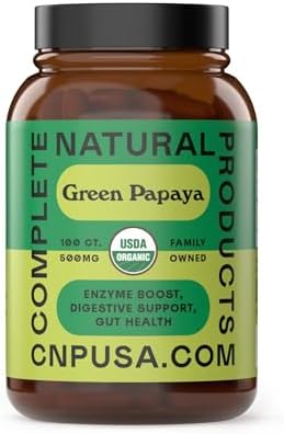 Complete Natural Products Organic Green Papaya Capsules - Green Papain Enzyme Capsules - 500Mg 100 Pills Organic Unripe Papaya Powder Digestive Super Fruit & Fiber