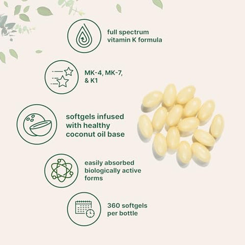 Micro Ingredients Super Vitamin K Complex (K2 Mk7 Mk4 & K1) 360 Coconut Oil Softgles Easily Absorbed K Vitamins Active Menaquinone Complex Non-Gmo