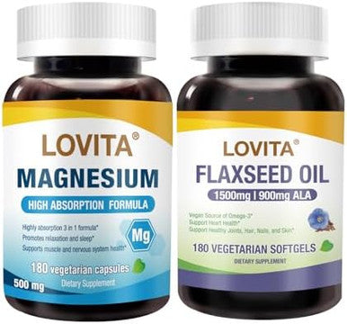 Lovita Cold-Pressed Flaxseed Oil Softgel + Magnesium 800 Tablets Nutrient Bundle
