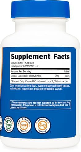 Nutricost Copper Glycinate Capsules (120 Capsules, 3Mg Copper Per Serving) - Non Gmo, Vegan