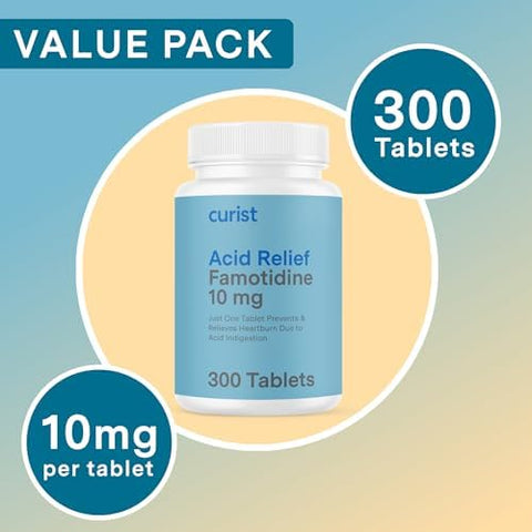 Curist Famotidine 10Mg Bulk Pack (300 Count Tablets) Acid Reflux Medicine For Heartburn Relief Otc Maximum Strength Stomach Acid Reducer Anti Acid Relief Tablets For Indigestion Heartburn Relief