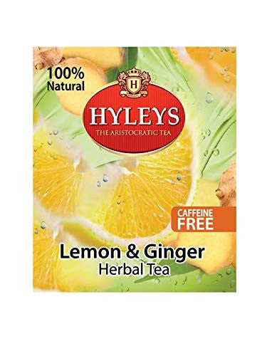 Hyleys Natural Ginger & Lemon Flavor Herbal Tea - 20 Tea Bags (Caffeine Gmo Gluten Dairy Sugar & 100% Natural Decaf)