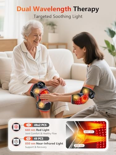 Halidodo Upgrade 4 Massage Area Knee Brace & Red Light Therapy For Knee Cord-Free Rechargeable Controller 20Min Auto Shut-Off 660Nm & 850Nm Red Light Therapy Device For Knee/Elbow/Shoulder.