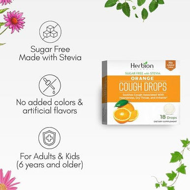 Herbion Naturals Cough Drops With Orange Flavor Sugar With Stevia Soothes Cough For Adults And Children Over 6 Years 18 Drops