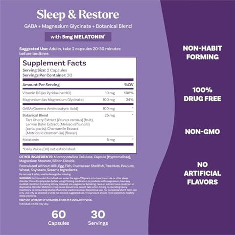 Natrol Sleep and Restore Capsules Calm Magnesium Glycinate Magnesium Sleep Aid With Gaba Melatonin 5Mg Botanical Blend 30 Day Supply 60 Count (Pack Of 2)
