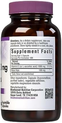 Bluebonnet Vitamin C 1000 Mg Plus Rosehips Vegetable Capsules 180 Count (743715005754)