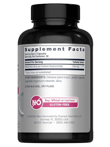Neocell Hyaluronic Acid Capsules 60 Pills 100Mg Advanced Formula Supplement Skin Hydration & Suppleness
