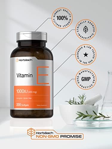 Horbaach Vitamin E 1000 IU Softgel Capsules 200 Count NonGMO Gluten Free Preservative Free Vitamin E Oil