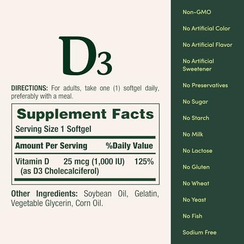 NatureS Bounty Vitamin D3 Vitamin Supplement Supports Immune System And Bone Health 1000Iu 120 Softgels