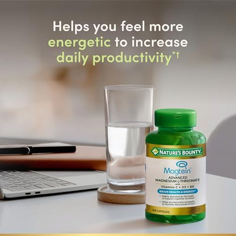 Nature's Bounty Magnesium LThreonate Advanced Magnesium Supplement with Vitamin C Vitamin D3 and Vitamin B6 Supports Brain Health Energy Nerve and Immune Support Supplement 90 Capsules