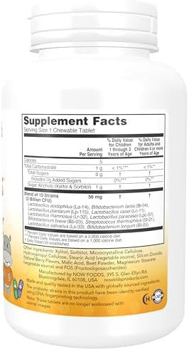 Now Foods Supplements Berrydophilus With 2 Billion 10 Probiotic Strains Xylitol Sweetened Strain Verified 120 Chewables Packaging May Vary