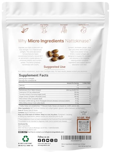 Micro Ingredients Nattokinase 240 Softgels 200Mg (4000 Fu) Per Serving 7-In-1 Ultra Absorption Cardiovascular Supplement With Coq10 Bromelain Turmeric Ginger Olive Leaf & White Willow Bark