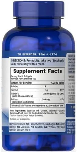 Puritan'S Pride Absorbable Calcium With Vitamin D 3 1000Iu Softgels 1200 Mg 200 Count