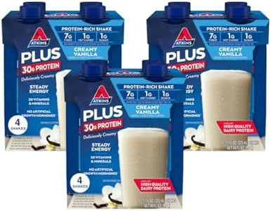 Atkins Creamy Vanilla Protein Shake 30G Protein 12 Count + Peanut Butter Protein Wafer Crisps 10G Protein 5 Count
