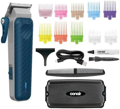 Conair Men Lithium-Ion Rechargeable Clipper & Hair Trimmer For Men 17-Piece Clippers For Hair Cutting Kit With Color-Coded Combs 5-Position Taper Control For Tapered Edges And Fades Quick Charge