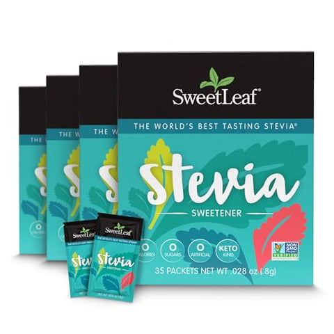 SweetLeaf Stevia Powder Packets Zero Calorie Sweetener with Stevia Leaf Extract No Artificial Sweetener Additive Sugar Free Keto Friendly Non GMO Gluten Free 35 Packets (Pack of 4)