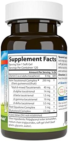 Carlson Tocomin SupraBio Full Spectrum Tocotrienol Complex NonGMO Tocotrienols Alpha Beta Gamma Delta 120 Softgels