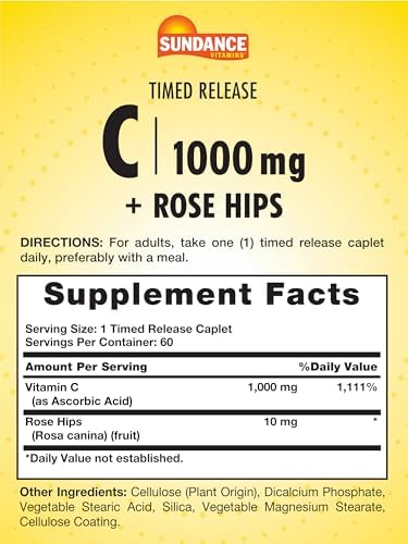 Sundance Vitamin C 1000mg with Rose Hips 60 Coated Caplets Timed Release Vegetarian NonGMO and Gluten Free Supplement