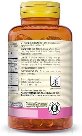 Mason Natural Cod Liver Oil Plus Vitamin A & D3 Healthy Heart And Brain Function Improved Immunity Supports Overall Health 100 Softgels