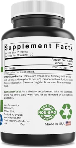 Brieofood Myo Inositol 2000 mg per Serving 60 Tablets 3rd Party Lab Tested