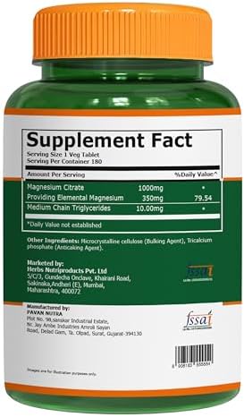 Pure Nutrition Magnesium Citrate 350Mg Elemental Per Serving 180 Veg Tablets Supports Bone Health and Overall Wellness Non Gmo