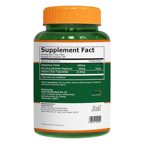 Pure Nutrition Magnesium Citrate 350Mg Elemental Per Serving 180 Veg Tablets Supports Bone Health & Overall Wellness Non Gmo