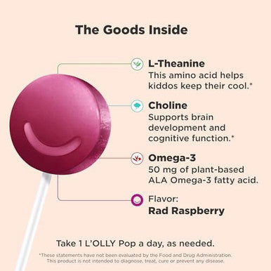 Olly Mellow Buddies L'Olly Pops Omega3 Ala Ltheanine Choline Kids Dietary Supplement Lollipops Supports A Calm Mood & Healthy Brain Function Vegetarian Raspberry Flavored 25 Count