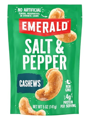 Emerald Nuts Salt and Pepper Seasoned Cashews (1Pack) 5 Oz Resealable Bag Kosher Certified NonGMO Contains No Artificial Preservatives Flavors or Synthetic Colors