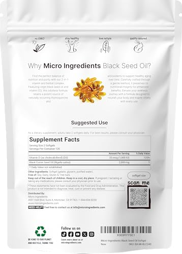 Micro Ingredients Black Seed Oil With Vitamin D3 1000 Iu 240 Softgels 2000 Mg Black Seed Oil Per Serving Nigella Sativa Oil 2-In-1 Unrefined Seed Oil Formula Non-Gmo Cgmp Manufactured