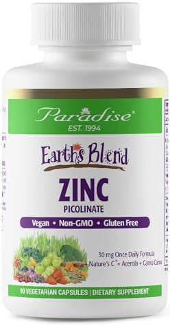 Paradise Herbs Zinc Supplements With Picolinate And Natures C, For Immune Support, Super Potent, Ultra Pure, Gluten Free, Non-Gmo, Vegan, 30 Mg, 90 Capsules