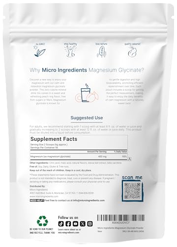 Micro Ingredients Magnesium Powder 12Oz (56 Servings) Magnesium Glycinate Powder Sweet Peach Ring Flavored Sleep Muscle Heart & Nerve Health Support Easily Absorbed Non-Gmo Vegan Sugar Free