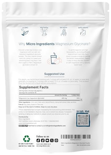 Micro Ingredients Magnesium Powder 12Oz (56 Servings) Magnesium Glycinate Powder Sweet Peach Ring Flavored Sleep Muscle Heart & Nerve Health Support Easily Absorbed Non-Gmo Vegan Sugar Free