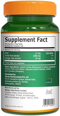 Pure Nutrition Vitamin C With Amla Extract and Zinc Supplement 1027Mg 120 Veg Tabs Immune Support Supports Skin and Bone Health